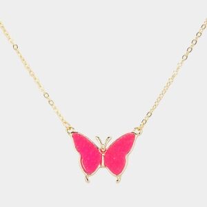 Fuchsia Butterfly Pendant Necklace Druzy Charm Casual Gold Jewelry Chain Pink